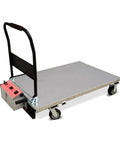 Slick Folding Boom Lift Handcart With Smooth Hydraulic Platform For Heavy Duty Warehouse And Construction Material Hauling, portable with handle.