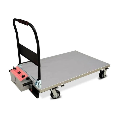 Slick Folding Boom Lift Handcart With Smooth Hydraulic Platform For Heavy Duty Warehouse And Construction Material Hauling, portable with handle.