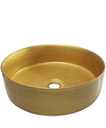 Round golden bathroom vessel sink for home, modern art basin, ideal for hotel apartment use.