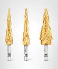 Step Drill Bit Set For Metal And Wood, 3 Piece Titanium Nitride Coated, 31 Hole Sizes From One Eighth To Seven Eighths Inch, One Quarter Inch Hex Shank, Impact Driver Ready, Dewalt DWA1790IR shown front view