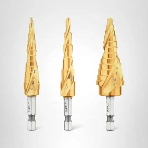 Step Drill Bit Set For Metal And Wood, 3 Piece Titanium Nitride Coated, 31 Hole Sizes From One Eighth To Seven Eighths Inch, One Quarter Inch Hex Shank, Impact Driver Ready, Dewalt DWA1790IR shown front view