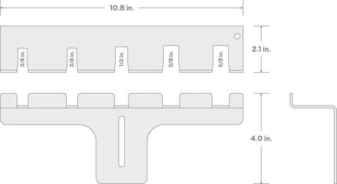 Diagram showing dimensions of 5-Tool Pry Bar Wall Hanger For Garage Organization A Sturdy Steel Wall Mount Rack