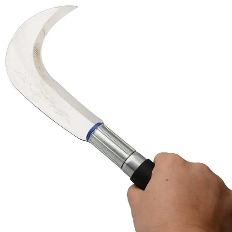 Multipurpose Gardening Sickle With Manganese Steel Blade And Stainless Steel Handle Black Rubber Grip For Cutting Grass Vines Branches Weeds Edging Lawns And Underbrush held in hand