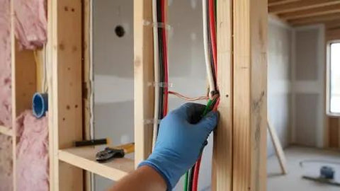 Top Tier Thhn Electrical Wire Featuring Six Awg White Black And Red Combined With Eight Awg Green Ground Stranded Copper Build UL Certified For Rapid Shop Fixes Boss Level 25 Foot Spool Ready being installed in a wall.
