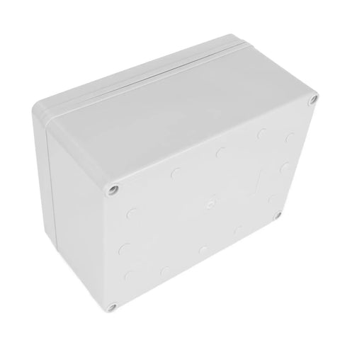 Built Tough Weatherproof Outdoor Junction Box With Mounting Plate For Electrical Distribution ABS Plastic IP67 Waterproof Enclosure Heavy Duty DIY Electrical Box 200mm By 150mm By 100mm, white ABS enclosure front view