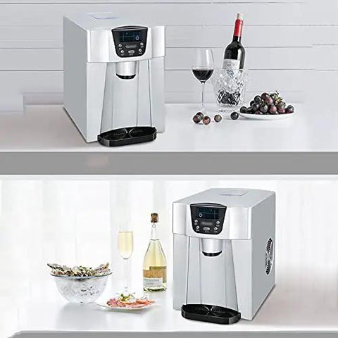 Portable Countertop Ice Maker with Water Dispenser Silver Automatic Unit Generates 33lbs Fast Ice 24 Hrs on kitchen countertop.