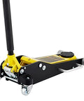 Front view: VEVOR 3-Ton low-profile floor jack, aluminum and steel, yellow and black with handle.