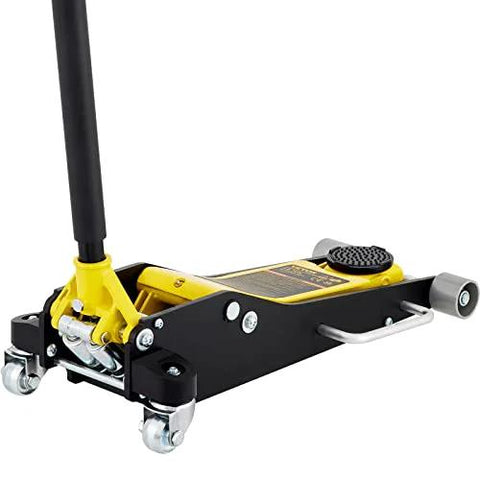 Front view: VEVOR 3-Ton low-profile floor jack, aluminum and steel, yellow and black with handle.