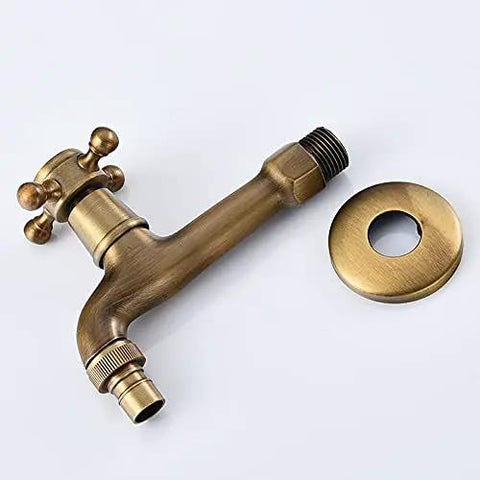 CUTPOIY Vintage Brass Wall Mounted Kitchen Sink Mixer Tap Single Cold Faucet for Laundry Outdoor Garden Balcony Washing Machine Mop Pool Durable and Stylish, Washing Machine L close-up faucet with a vintage brass finish and mounting plate.