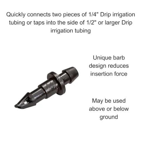 Drip irrigation 1/4-inch barbed coupling fitting, black plastic, side view