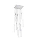 Modern 13 Light Crystal And Metal Pendant Ceiling Fixture In Sleek Chrome Finish For Fresh Home Vibes And Dope Indoor Ambiance Slick Living Room Chandelier Decor with clear crystal drops.