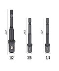 Pro Grade Power Drill Socket Adapters And Reducers Set, Impact Grade, 1/2, 3/8, 1/4 inch drives, shown with length measurements