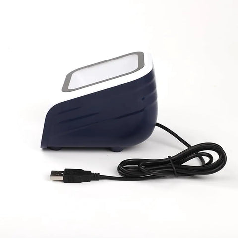 Side view of Hands Free Desktop Barcode Scanner with Auto Sensor for supermarkets, retail stores, and restaurants, USB cable shown