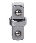 Front view of chrome 3/8-inch socket adapter with double-ended square drive for impact wrench