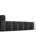 Full Wireless Outdoor Security Camera Kit And Smart Hardwired Doorbell Package with five black cameras and sync hub.