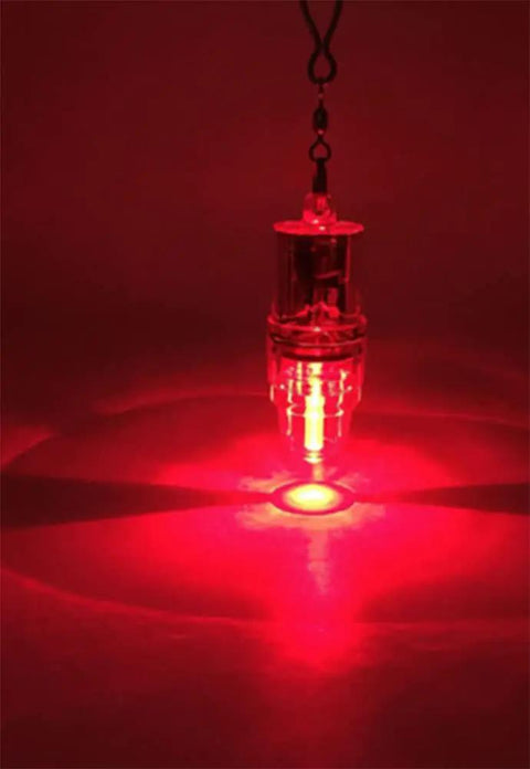 Deep Drop Fishing Light Lure With Flashing LED Strobe, Waterproof Clip On Underwater Lamp, Battery Powered, glowing red light