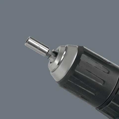 Close-up of the Tool Check Modular Imperial One 21 Piece Screwdriver Set piece showing 1/4-inch ratchet attachment detail on grey background
