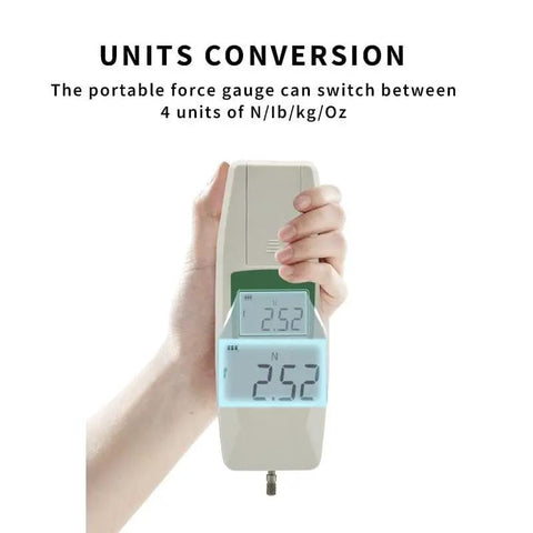 Heavy Duty Digital Push Pull Force Gauge Featuring Precision Handheld Dynamometer For Real Time Load Testing With 300 Newton Capacity Plus Plug And Play Setup And Crisp Readings For Everyday Shop Grind And Top Tier Quality Control showing unit conversion display on handheld device.