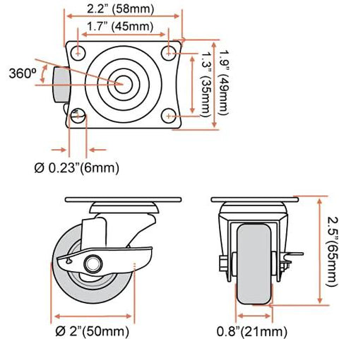 Diagram of 12 Pack 2-Inch Swivel Casters With Brakes for Cart or Equipment, showing dimensions and top plate mount details.