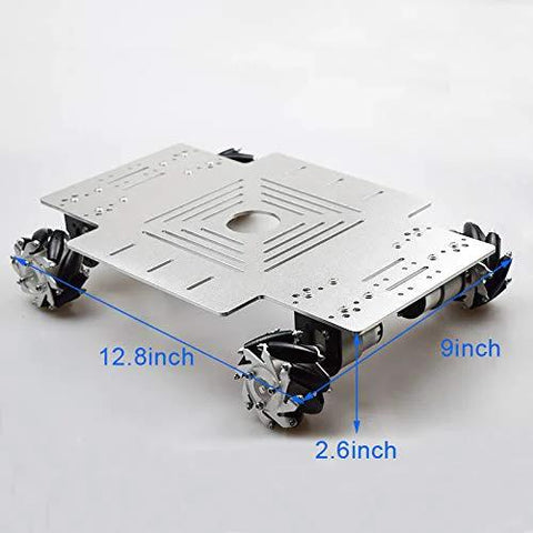 Moebius 4WD mecanum robot chassis kit; top view in silver aluminum with four DC motors, 12.8in x 9in x 2.6in