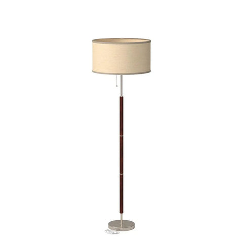 LED Floor Lamp With Walnut Wood Finish And Drum Shade Mid Century Modern Style with linen drum shade and silver base.