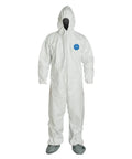 Disposable Protective Coverall With Elastic Cuffs, Attached Hood And Boots, White, Large, 25 Pack, worksite ready front view