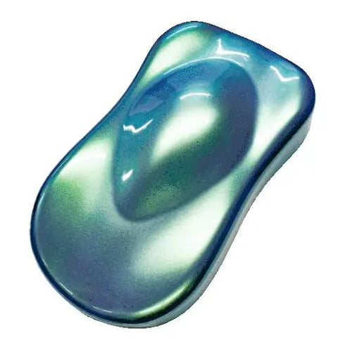 Professional Grade Automotive Paint Basecoat And Midcoat In A Full Gallon Ready To Spray Smooth As Silk With Drop Dead Gorgeous Finish Perfect For Detailing Shops Or Weekend Garage Hustlers - Color sample of a blue-green finish.