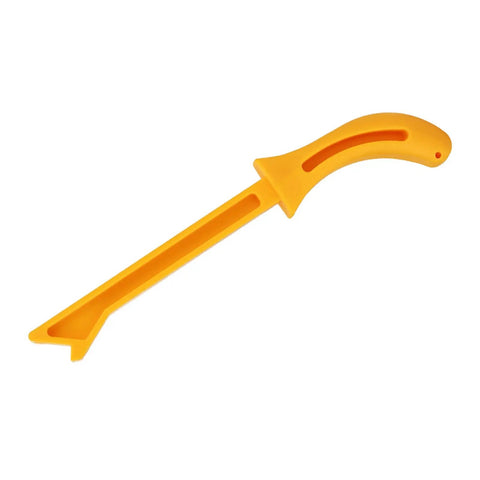High Visibility Yellow 11 Inch Woodworking Push Stick For Table Saw And Router Tables Ergonomic Grip Safety Tool With Heavy Duty ABS Construction Jointer Friendly Precise Feed And Hands Free Control, shown from side view.