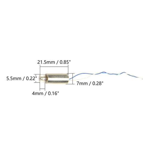 Two Coreless DC 3V Vibration Motors Tiny 7mm Diameter 16.6mm Long close-up with measurements and wires visible