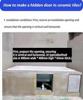 Installation guide for a hidden door in ceramic tiles showing dimensions and opening preparation for Heavy Duty Concealed Pivot Hinge.