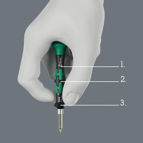Hand holding Modular Micro 21-Piece Tool-Check Bit Set With Bit-Holding Screwdriver, Ultra Compact 4 mm Hex Drive