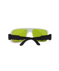 Top Shelf Laser Safety Glasses For Nd Yag And Semiconductor Work High Power Eye Protection With Optical Density Filtering Crisp Vision Shield Built Tough, front view with green lenses and black frame.