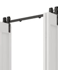Heavy Duty Bi-Fold Barn Door Hardware Kit For Four Doors With Side Mounted Rollers Smooth Quiet Sliding Easy To Install Hinges Included To Create One Bi-Fold Door No Doors Included 51 Inch Span Built To Last Beefy Steel Track installed close-up view