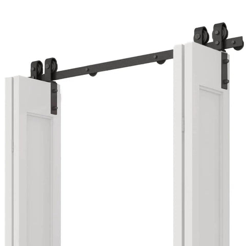 Heavy Duty Bi-Fold Barn Door Hardware Kit For Four Doors With Side Mounted Rollers Smooth Quiet Sliding Easy To Install Hinges Included To Create One Bi-Fold Door No Doors Included 51 Inch Span Built To Last Beefy Steel Track installed close-up view