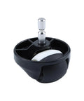 Close-up of front wheel caster assembly with metal stem and white wheel in black housing