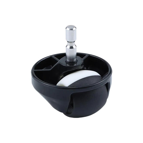 Close-up of front wheel caster assembly with metal stem and white wheel in black housing