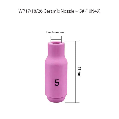 Top Grade 10-Piece Alumina Ceramic TIG Welding Cups Fits WP-17/18/26, pink ceramic nozzle with 8mm inner diameter, 47mm height.