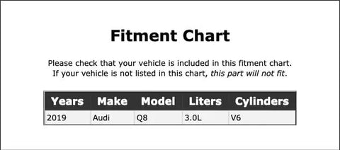 Fitment chart for Boss Level Vacuum Pump Gasket For Audi Q8 2019 detailing vehicle specs and compatibility.