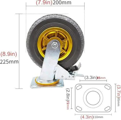 Heavy Duty 200mm Rubber Swivel Casters With Locking Brakes Set Of Four showing detailed dimensions and sturdy design for furniture carts.