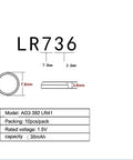 Top Shelf Ag3 Lr41 Battery 10 Pack 1.5v Alkaline Button Cells specifications with dimensions and model info for electronics.