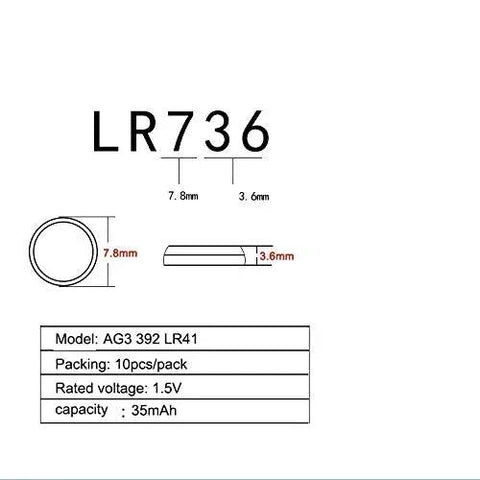Top Shelf Ag3 Lr41 Battery 10 Pack 1.5v Alkaline Button Cells specifications with dimensions and model info for electronics.