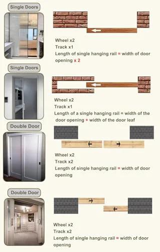 Diagram showing installation for single and double doors with Soft Close Pocket Door Track Kit For Barn Doors, 5.9Ft Black Sliding Hardware.