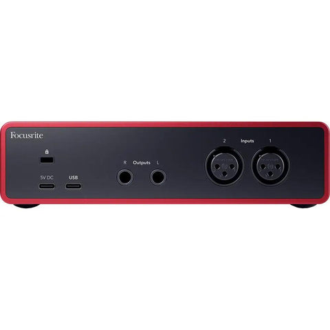 Back panel of Scarlett 2i2 4th Gen USB Audio Interface Bundle With Studio-Grade Mic Preamps, Guitar Input, Plug-And-Play Ready