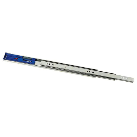 Heavy Duty Full Extension Drawer Slides With No Slap Soft Close Side Mount 12 Inch Cabinet Glides For Shop Builds Featuring Quick Lever Disconnect And Buttery Smooth Glide 10 Pack Blue Steel shown from side angle.