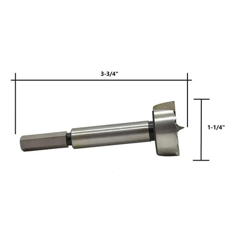 Top Notch Hex Shank Forstner Bit Drills with 30.6mm diameter, 3 1/2" long, steel for creating coin mounting holes in hardwood.