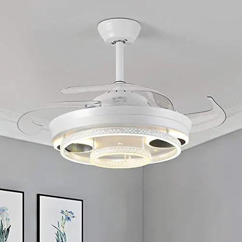 Modern 42 Inch Retractable LED Ceiling Fan With Wireless Remote Control hanging in a modern room with white blades and light.
