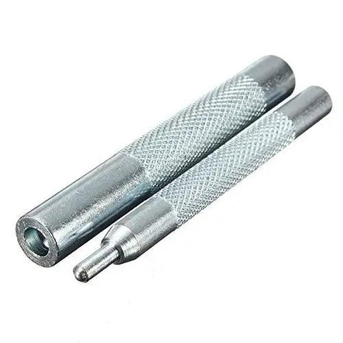 Pro Grade Heavy Duty Die Punch Snap Kit Rivet Setter With Base, metal tools, close-up on textured metal handles, hole punching