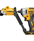 DEWALT cordless drill with metal shear/cutter attachment and 360° pivot head, yellow/black (side view)