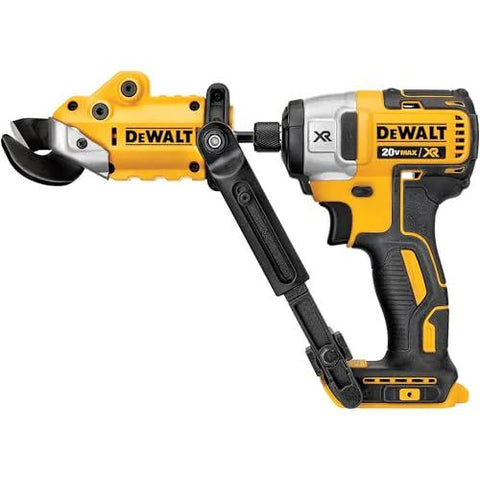 DEWALT cordless drill with metal shear/cutter attachment and 360° pivot head, yellow/black (side view)