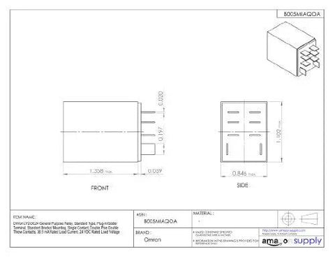 Technical drawing of General Purpose 24 VDC DPDT Relay With Plug In Solder Terminals, detailing front and side dimensions.
